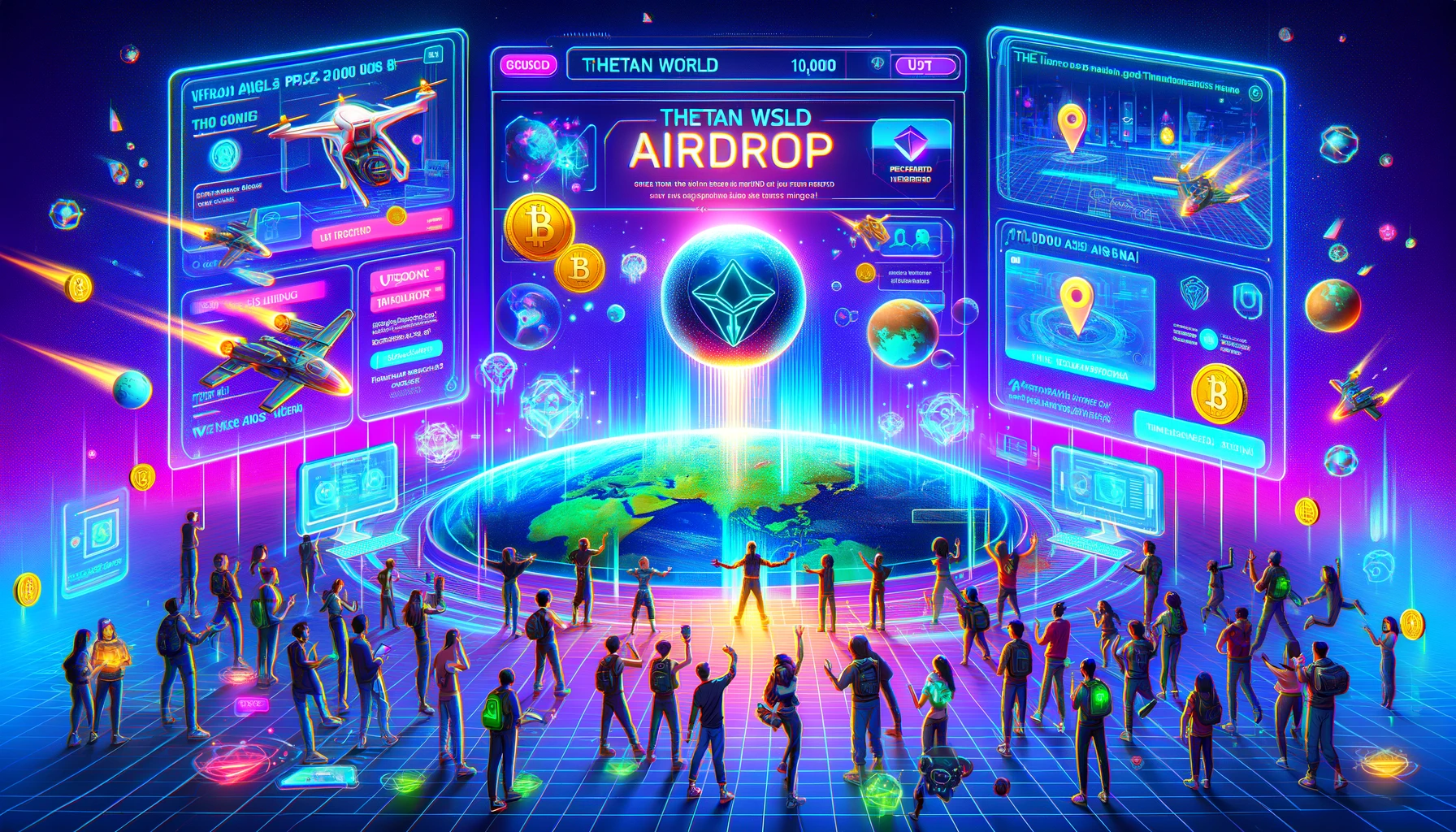 DALL·E 2024-05-24 14.35.43 - A vibrant digital scene illustrating the Thetan World Airdrop Event. Show a dynamic Web3 gaming environment with elements of Thetan Arena. Display exc.webp