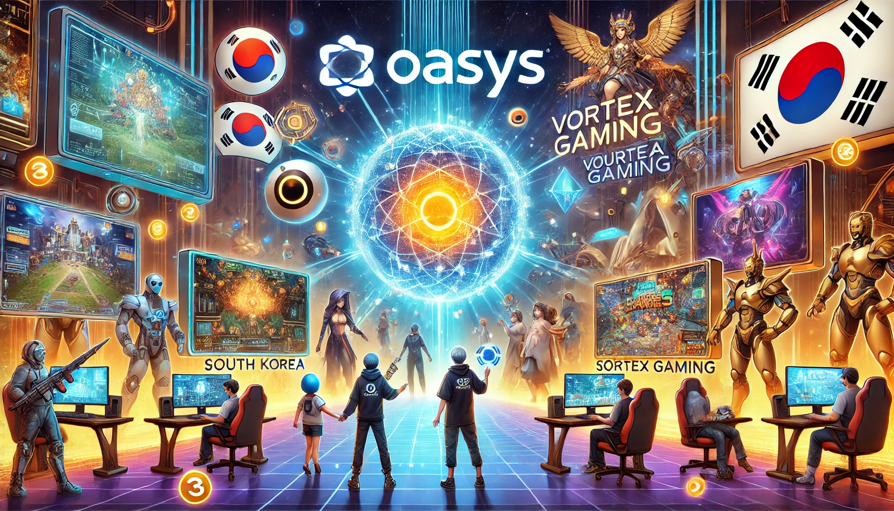 DALL·E 2024-06-26 14.34.17 - A digital illustration showcasing the partnership between Oasys and Vortex Gaming to expand blockchain gaming in South Korea. The scene features a fut.webp