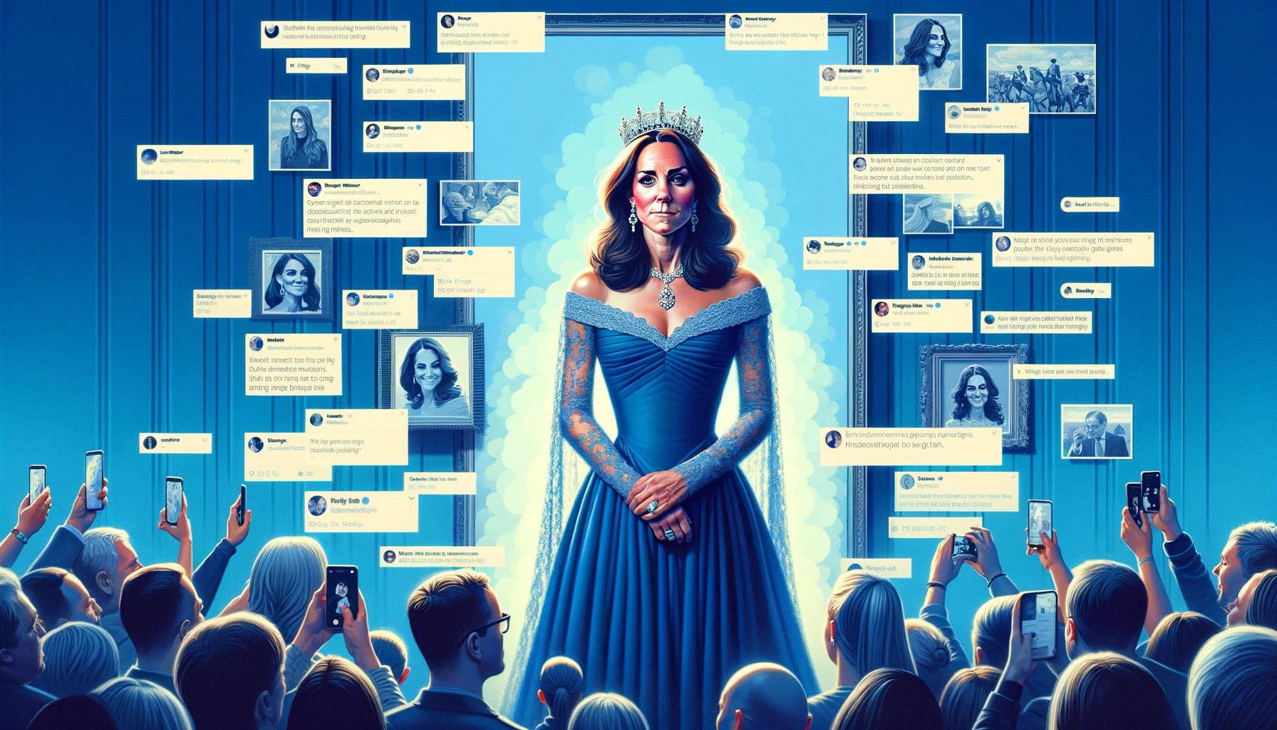 DALL·E 2024-05-24 14.42.59 - A digital art scene illustrating the controversy over Tatler Magazine-s latest royal portrait of Kate Middleton. The image shows the portrait against .webp