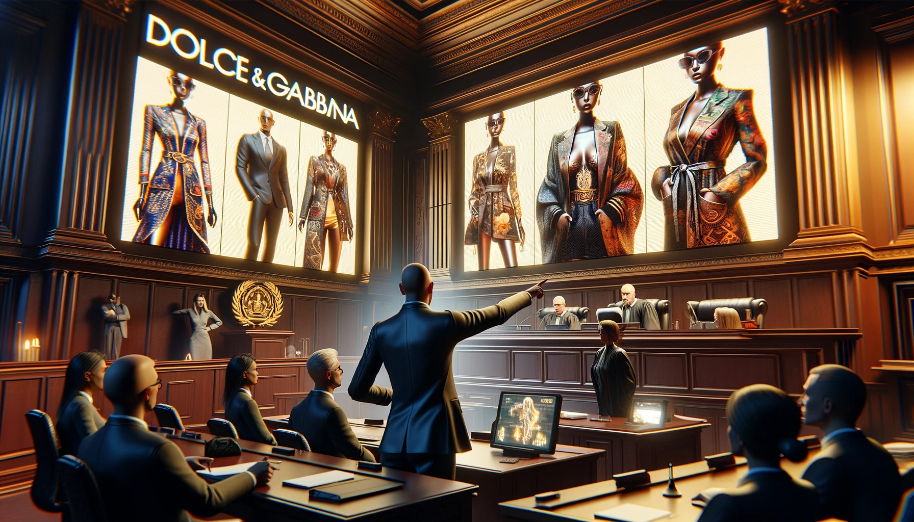 DALL·E 2024-05-20 13.21.50 - A dramatic courtroom scene where Dolce & Gabbana is facing a lawsuit over an NFT dispute. In the background, the courtroom features the brand-s logo a