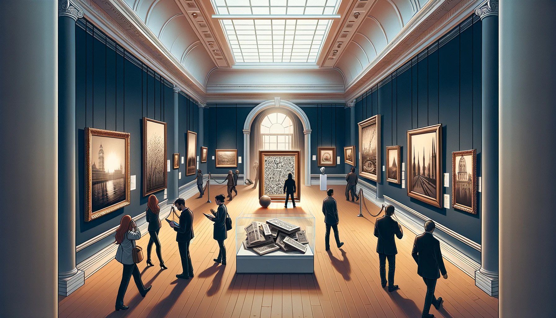 DALL·E 2024-04-10 10.49.35 - Illustrate a scene capturing the essence of an unauthorized art display within a prestigious art gallery. The focal point is a painting discreetly pla.webp