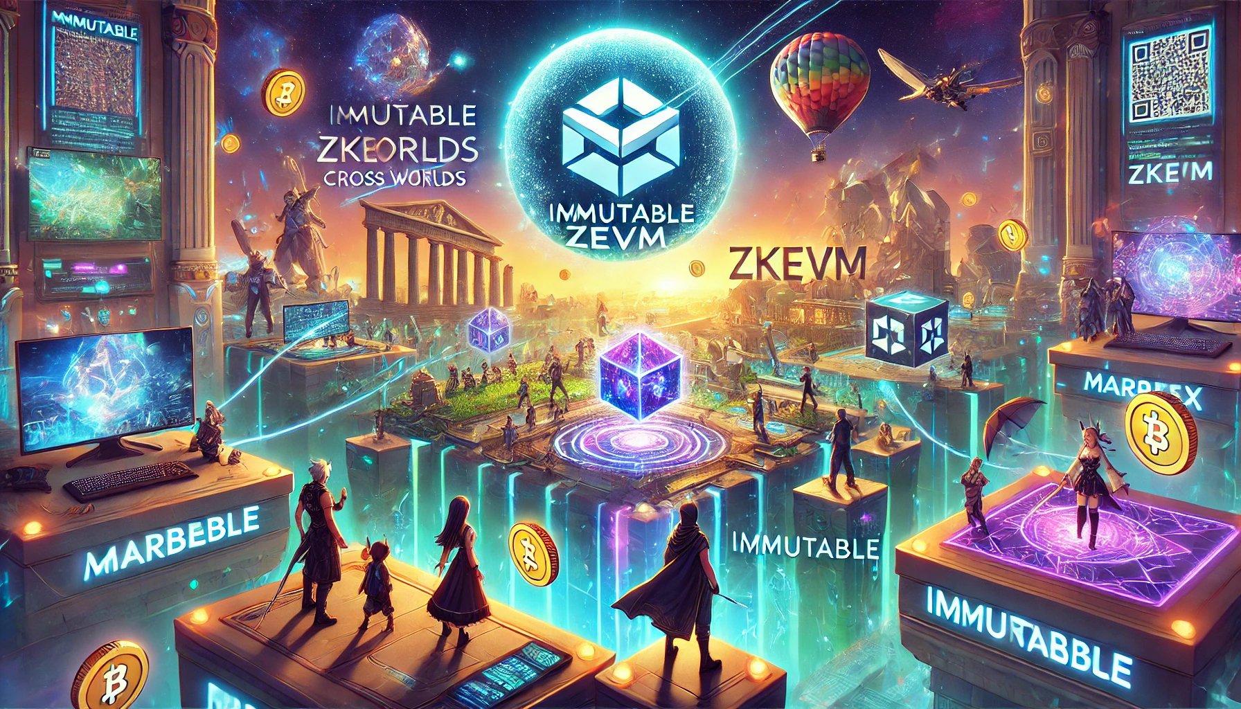 DALL·E 2024-06-26 14.30.46 - A digital illustration depicting the impact of Marblex-s shift to Immutable zkEVM on the gaming landscape. The scene showcases a futuristic gaming env.webp
