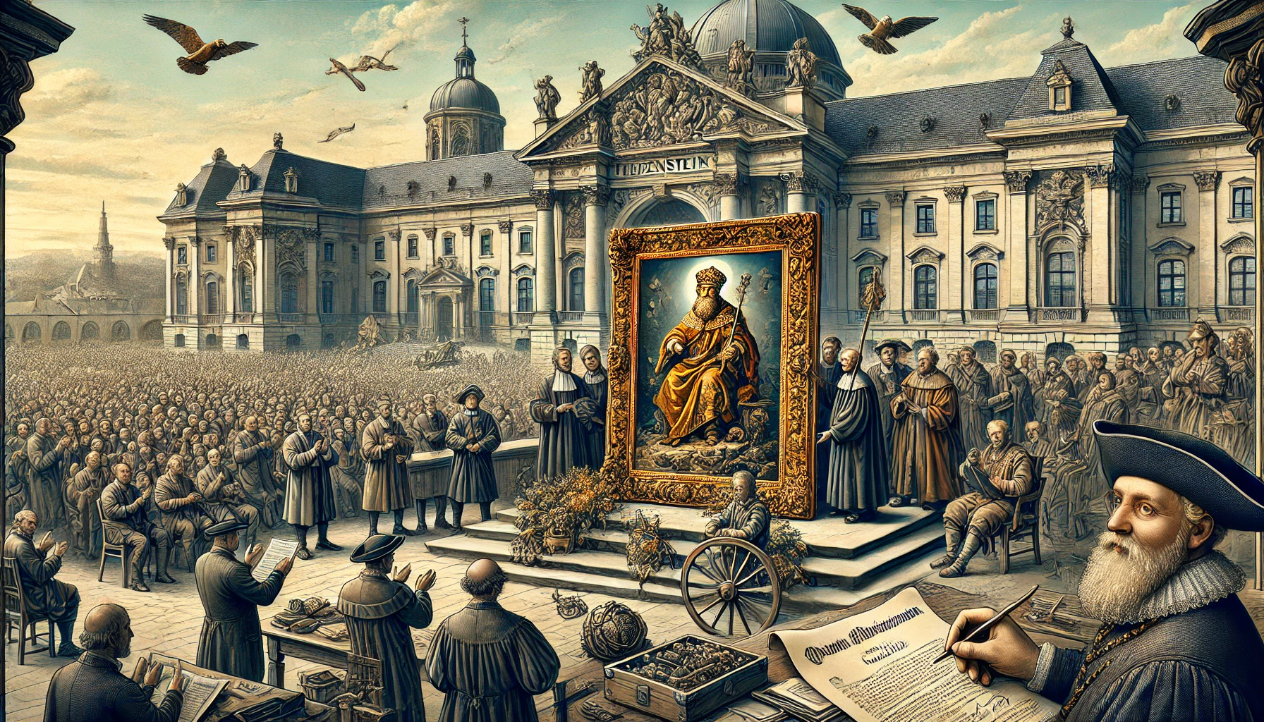 DALL·E 2024-06-25 14.16.33 - A detailed digital illustration showing the rare oil sketch -Saint Gregory of Nazianzus- by Peter Paul Rubens being returned to the Friedenstein Found.webp