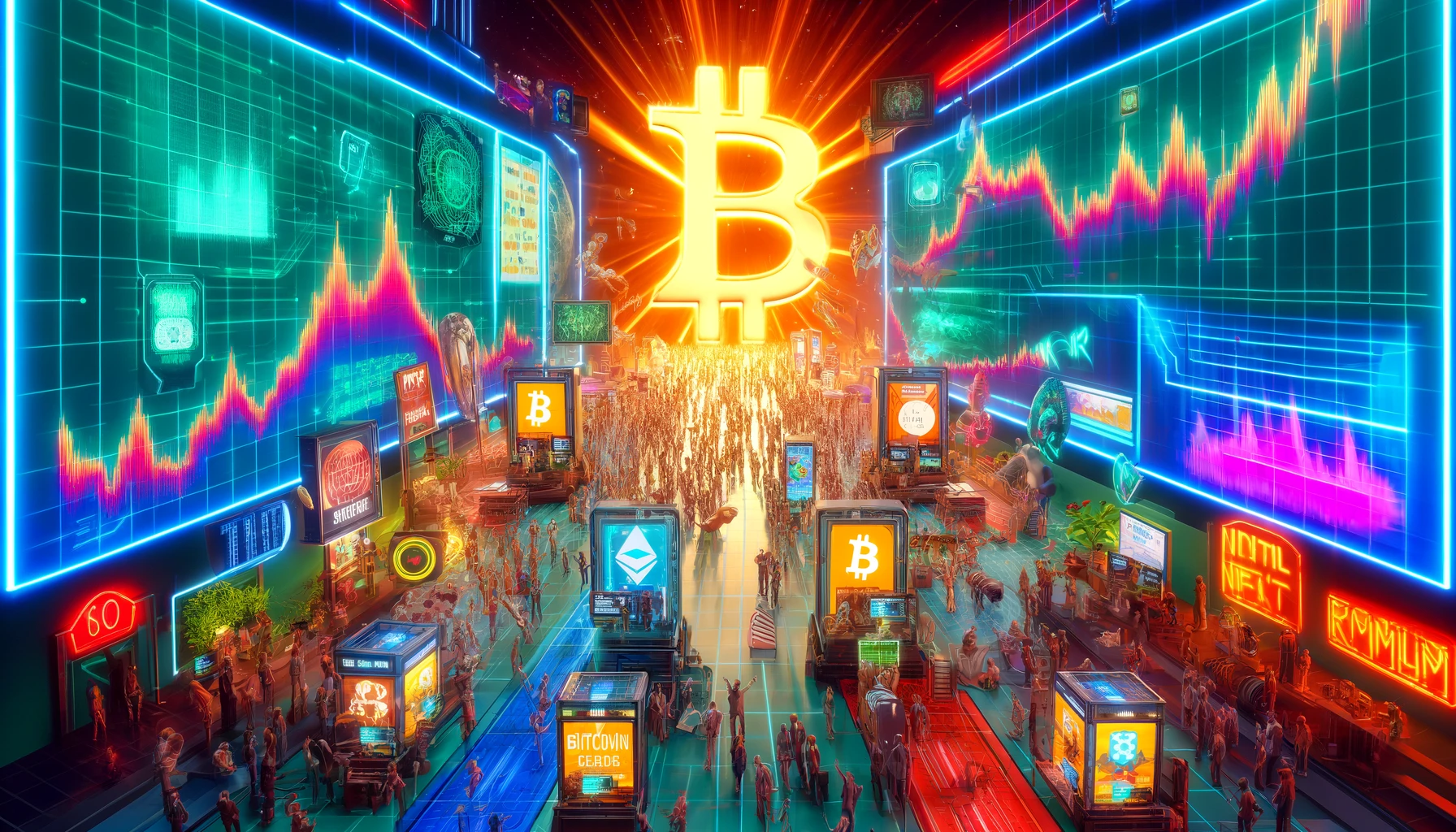 DALL·E 2024-04-23 20.57.49 - A vibrant and dynamic digital art scene depicting the surge in the NFT market led by Bitcoin. The artwork features a bustling virtual marketplace fill