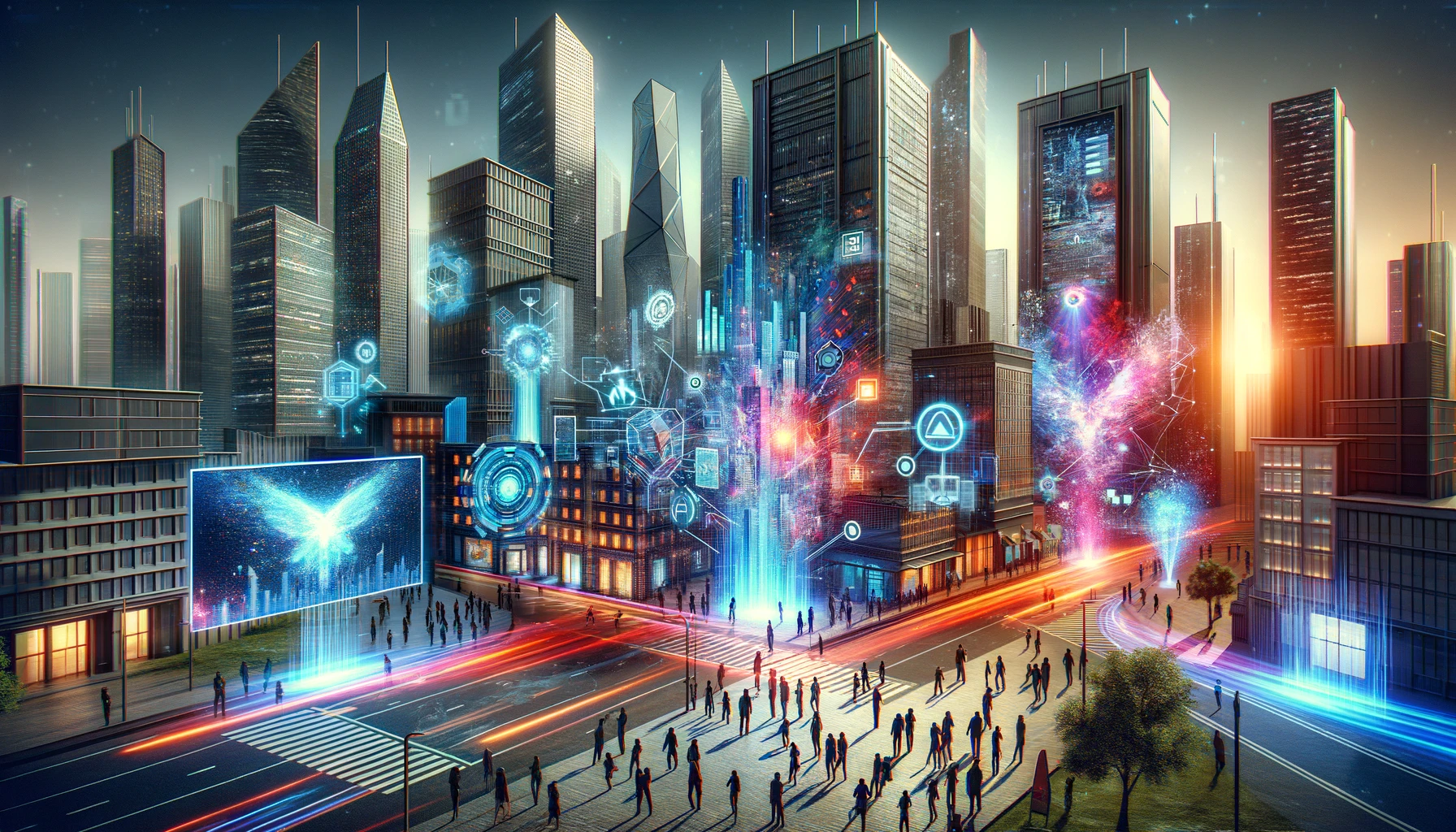 DALL·E 2024-04-23 21.04.10 - A dynamic digital art scene depicting the growth of the Polygon (MATIC) network in the NFT market. The image showcases a futuristic cityscape with sky