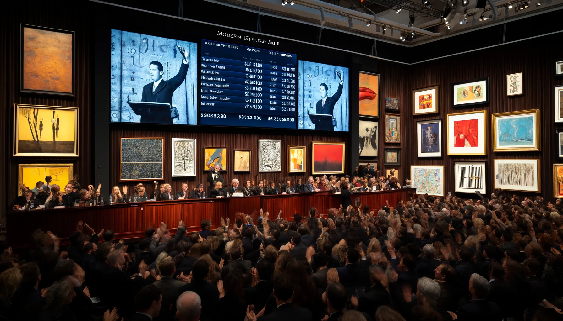 DALL·E 2024-05-20 13.12.38 - A bustling auction scene at a prestigious art sale in New York. The auctioneer stands at the podium, animatedly conducting the sale. Behind him, a lar
