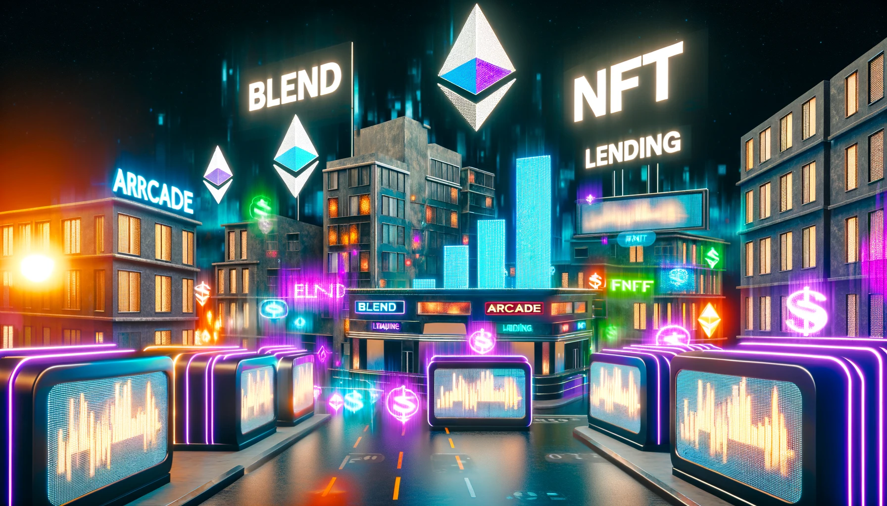 DALL·E 2024-04-25 13.40.06 - A bustling NFT lending market visualized as a futuristic cityscape, vividly illustrating the concept of digital asset transactions. The scene depicts