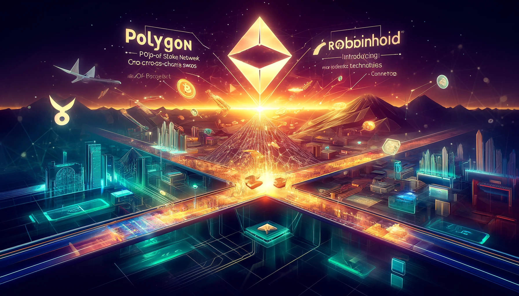 DALL·E 2024-04-29 17.03.04 - Visualize the collaboration between Polygon (MATIC) and Robinhood Wallet to introduce cross-chain swaps. Depict a futuristic digital landscape where t.webp