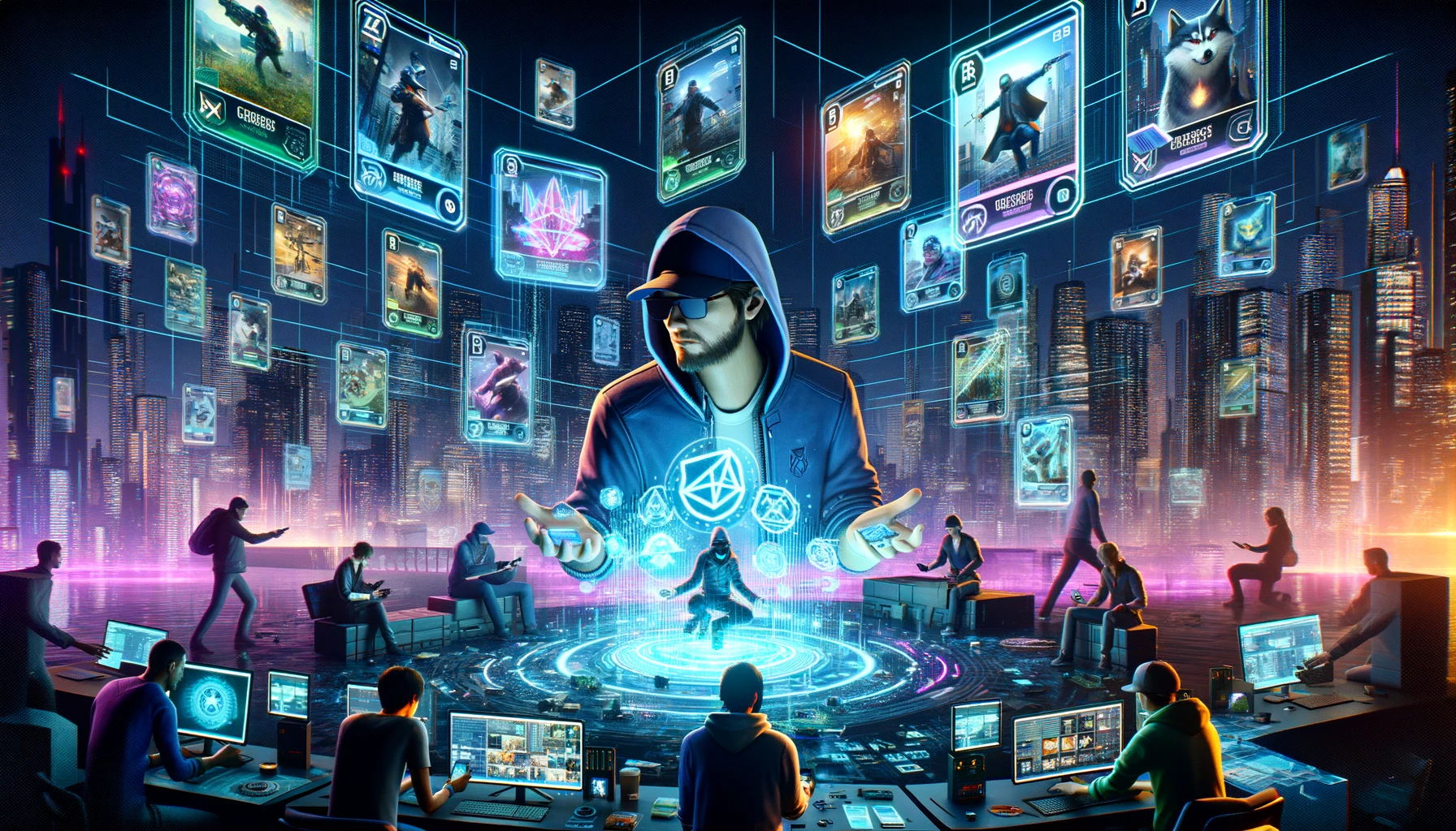 DALL·E 2024-03-06 10.44.12 - Visualize a futuristic gaming world where Ubisoft-s collaboration with Cross the Ages brings to life Watch Dogs-themed NFT cards. In this digital real.webp