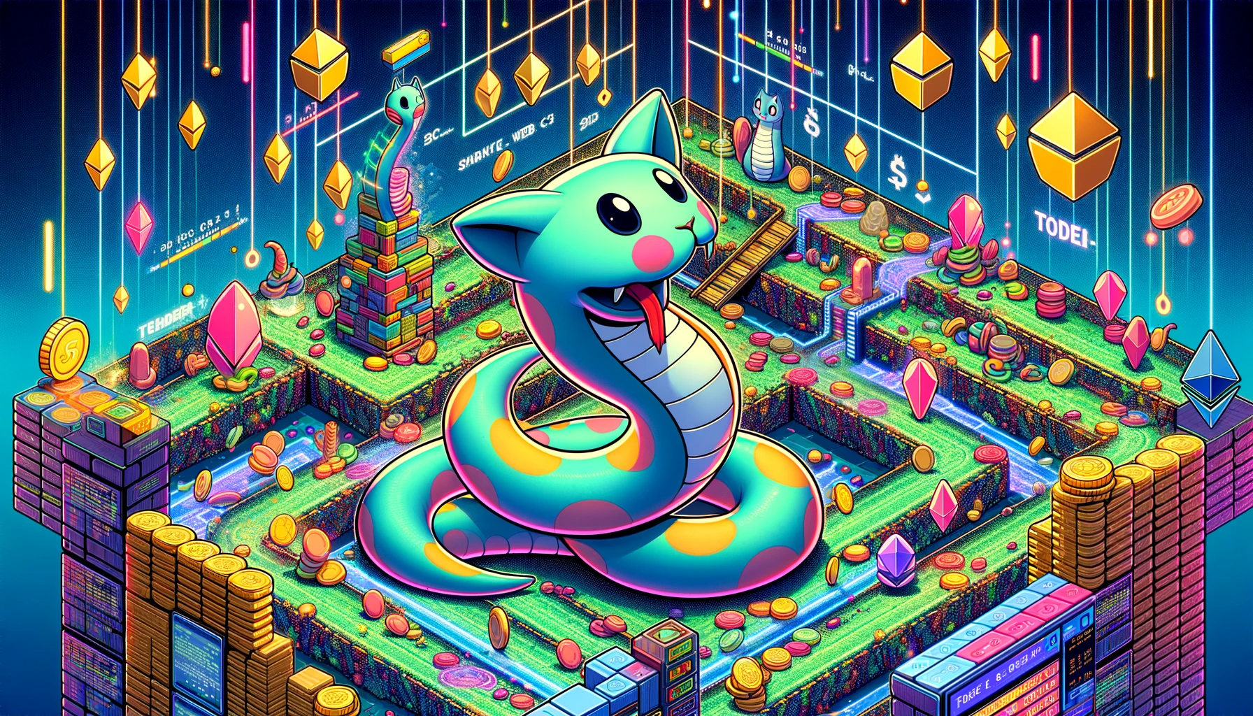 DALL·E 2024-01-24 13.17.44 - A digital art piece showcasing -Snaky Cat,- a Web3 game that reimagines the classic -Snake- game with a play-to-earn twist. The image features a vibra.png