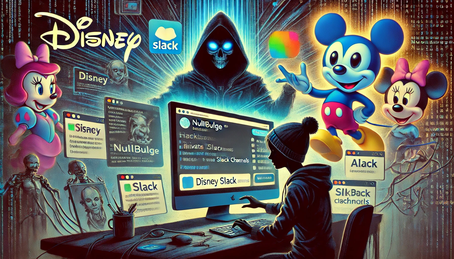 DALL·E 2024-07-18 17.40.00 - A digital illustration depicting the hacktivist group Nullbulge leaking data from Disney-s private Slack channels. The scene includes a dark, shadowy .webp