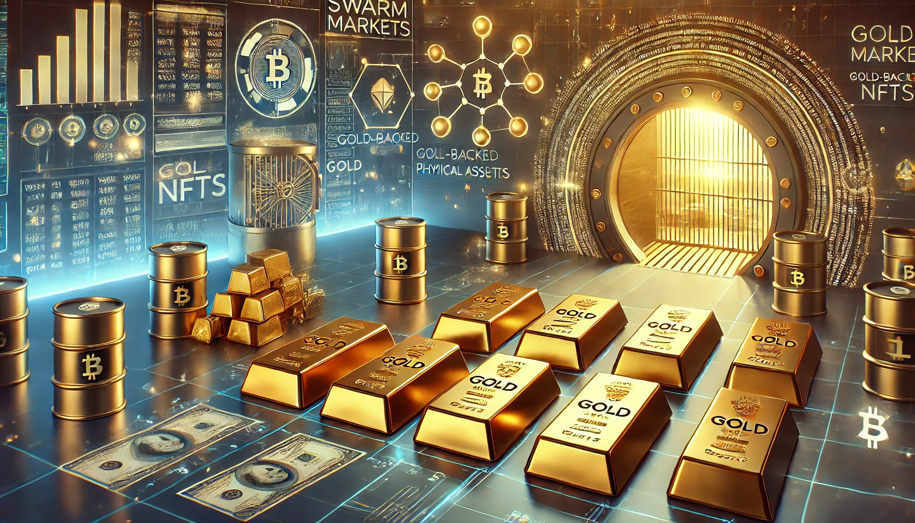 DALL·E 2024-06-27 15.30.53 - A digital illustration depicting the concept of Swarm Markets- gold-backed NFTs. The scene features digital gold bars represented as NFTs, with blockc