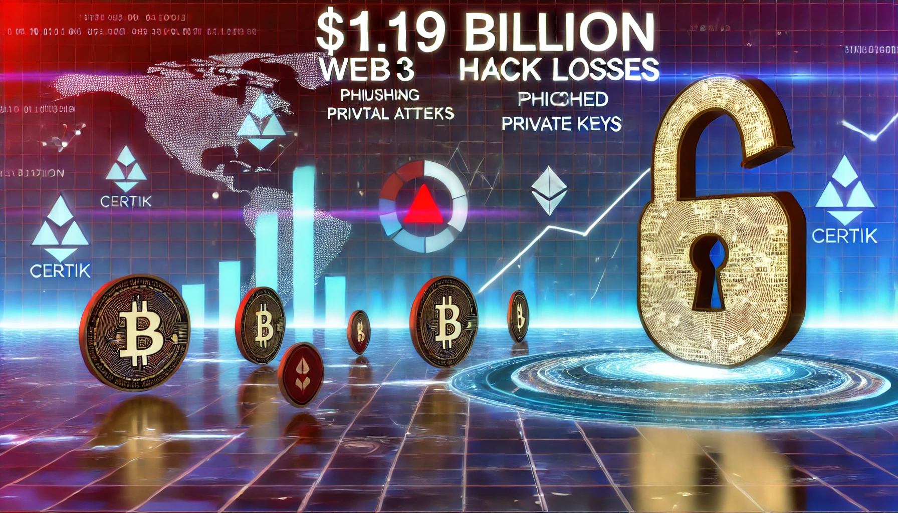 DALL·E 2024-07-04 11.57.17 - A digital illustration depicting the alarming $1.19 billion Web3 hack losses revealed in the latest CertiK report. The scene features a futuristic dig.webp