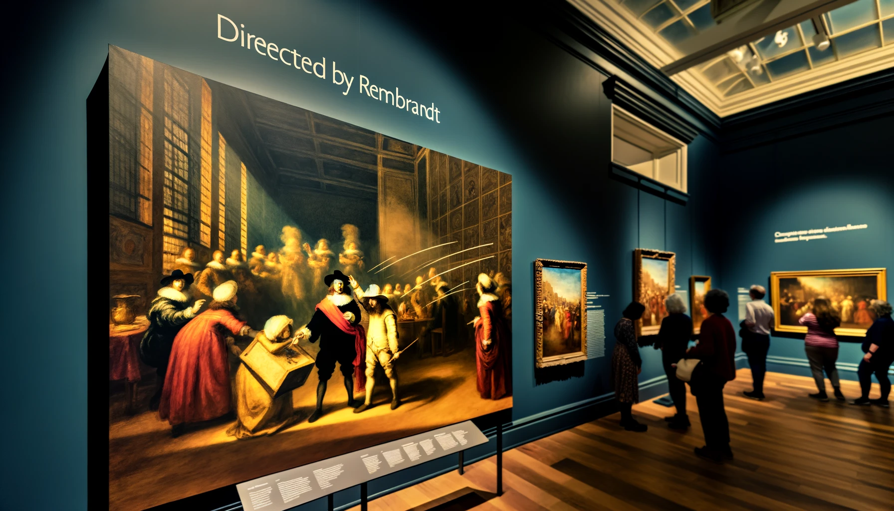 DALL·E 2024-03-25 12.53.12 - Create a rich and immersive scene depicting the essence of the exhibition -Directed by Rembrandt,- focusing on the Dutch master-s theatrical influence.webp