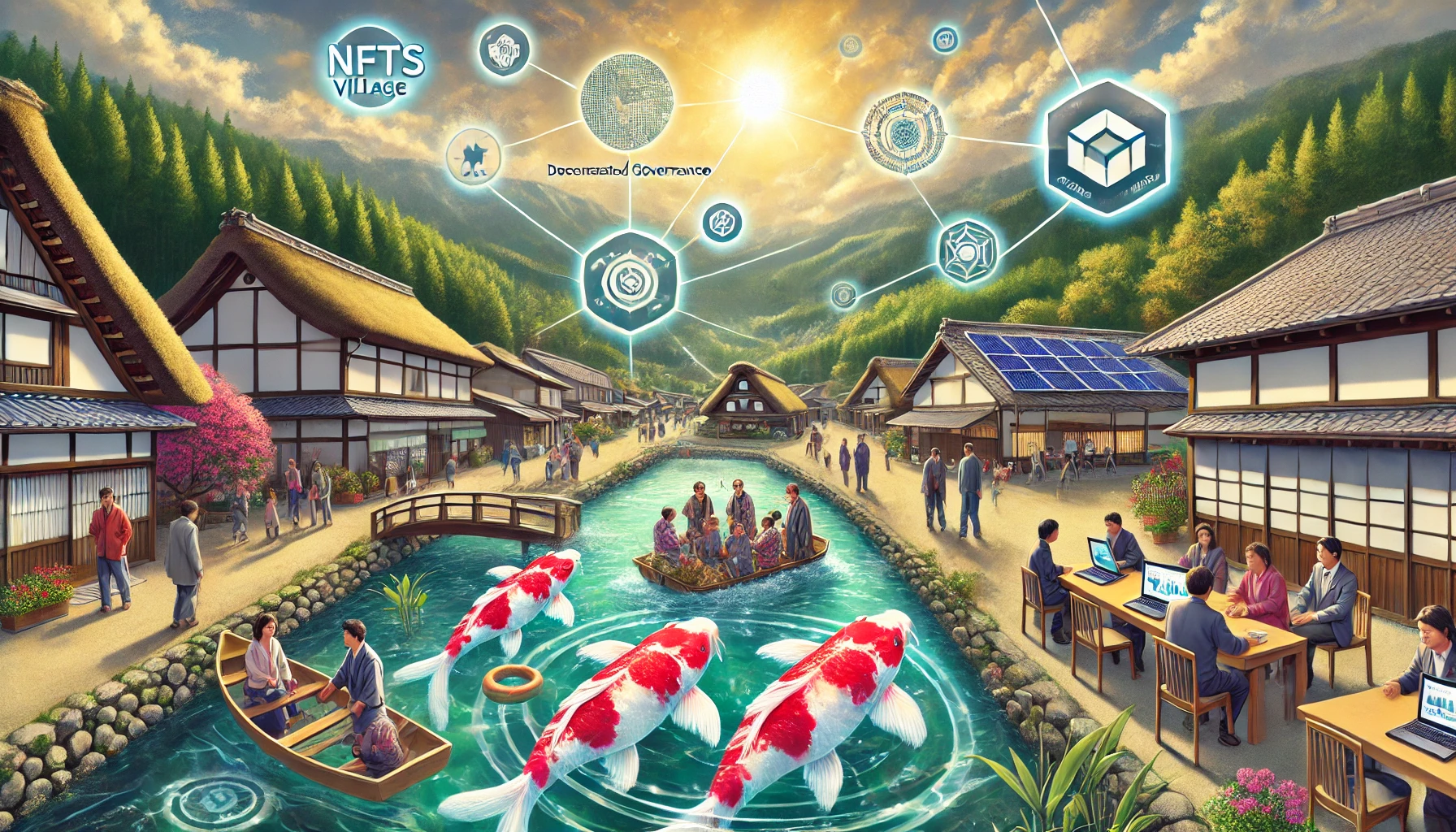 DALL·E 2024-06-27 15.29.01 - A digital illustration depicting the Neo-Yamakoshi Village project in Japan, where NFTs breathe new life into the ageing village. The scene showcases .webp