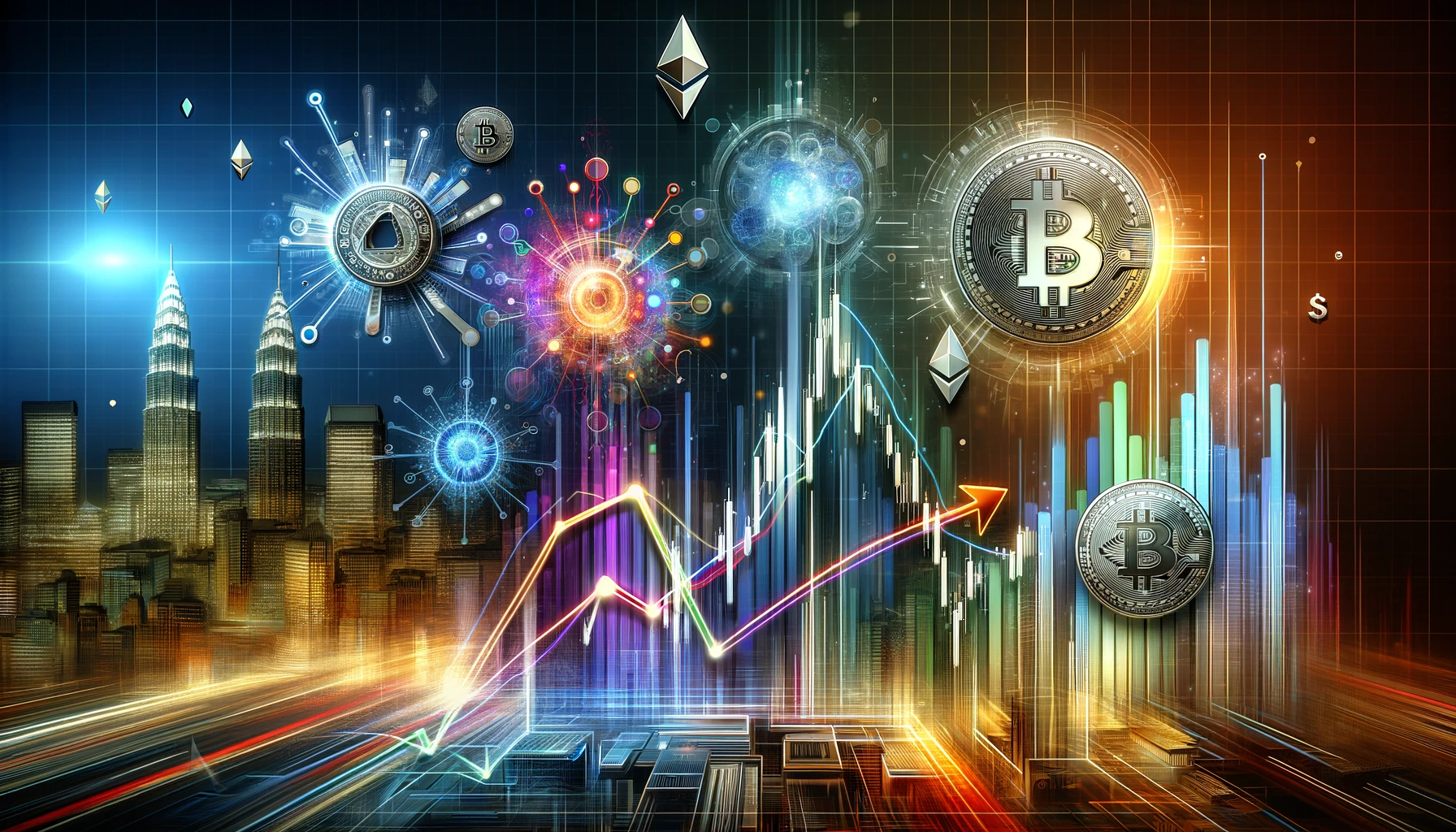 DALL·E 2024-04-23 21.01.19 - A dynamic, modern digital artwork illustrating the contrasting trends in the cryptocurrency market. On one side, visualize a graph showing a steep dec