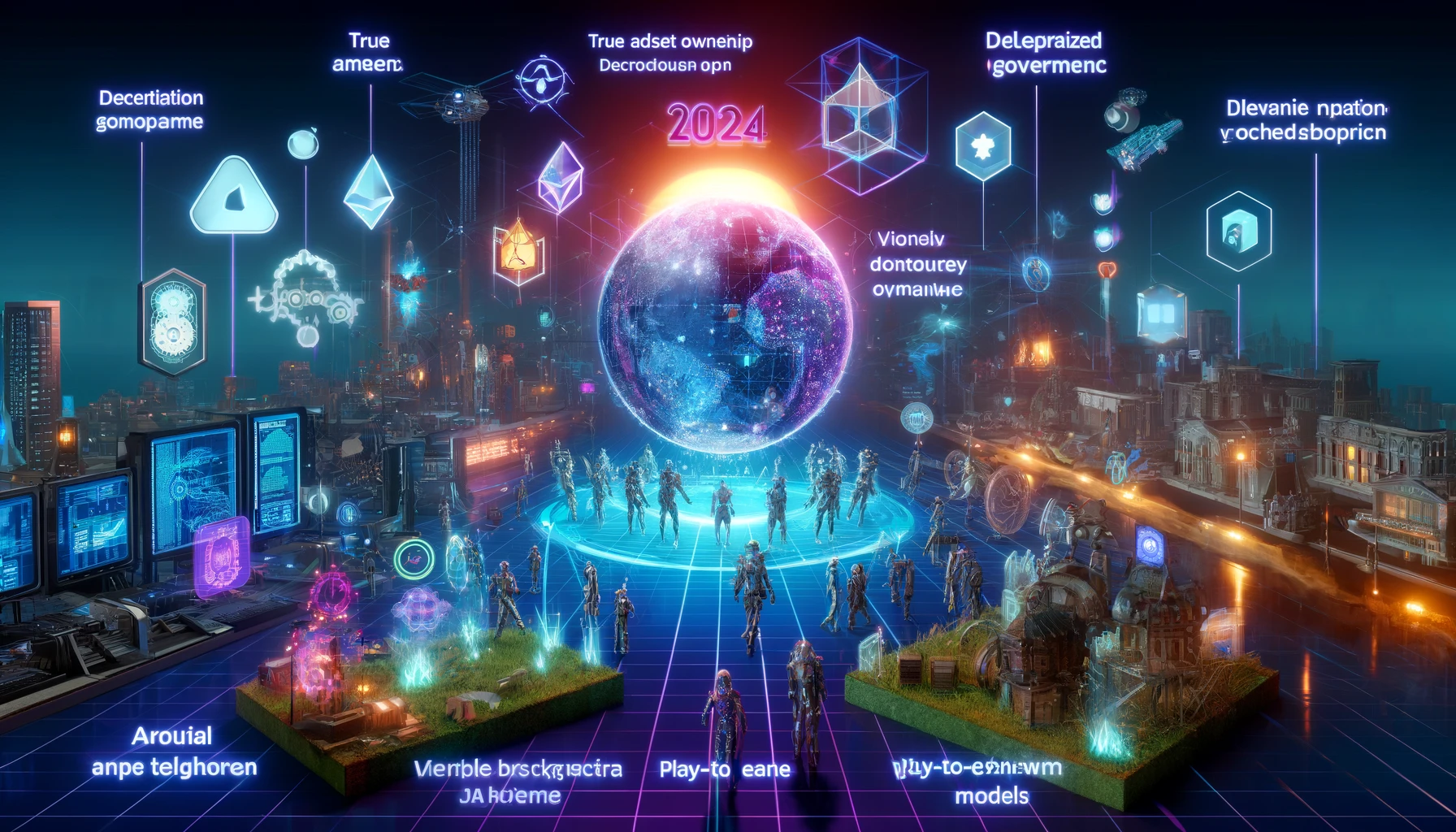 DALL·E 2024-05-24 14.38.42 - A futuristic digital scene depicting the world of Web3 gaming in 2024. Showcase advanced gaming elements like true asset ownership, decentralized gove.webp