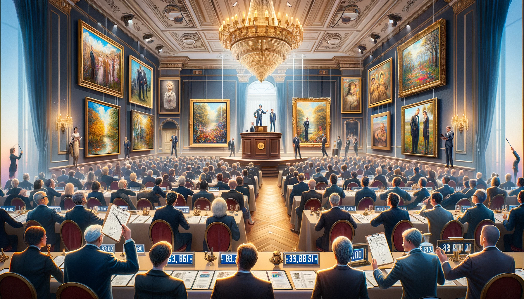 DALL·E 2024-05-24 15.03.00 - A high-end art auction scene with a diverse audience of wealthy collectors and art enthusiasts. The auctioneer is on stage, presenting a notable paint.webp