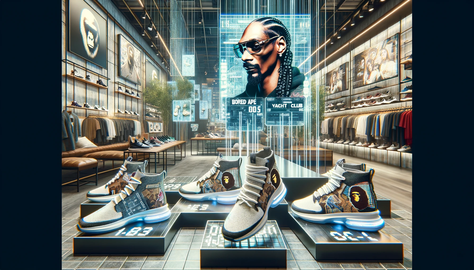 DALL·E 2024-05-08 15.01.32 - A visually captivating 16x9 wide image depicting the collaboration between Snoop Dogg and Skechers to launch an NFT-inspired sneaker line. The scene f