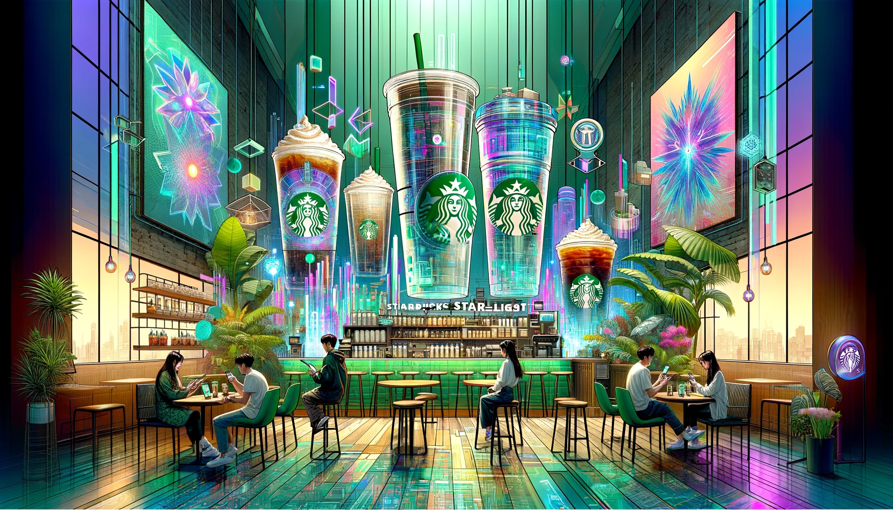 DALL·E 2024-01-16 12.14.15 - A modern and eco-conscious scene depicting Starbucks Korea-s -STARBUCKS STAR★LIGHT- NFT project. The image showcases a vibrant and digital café atmosp.png