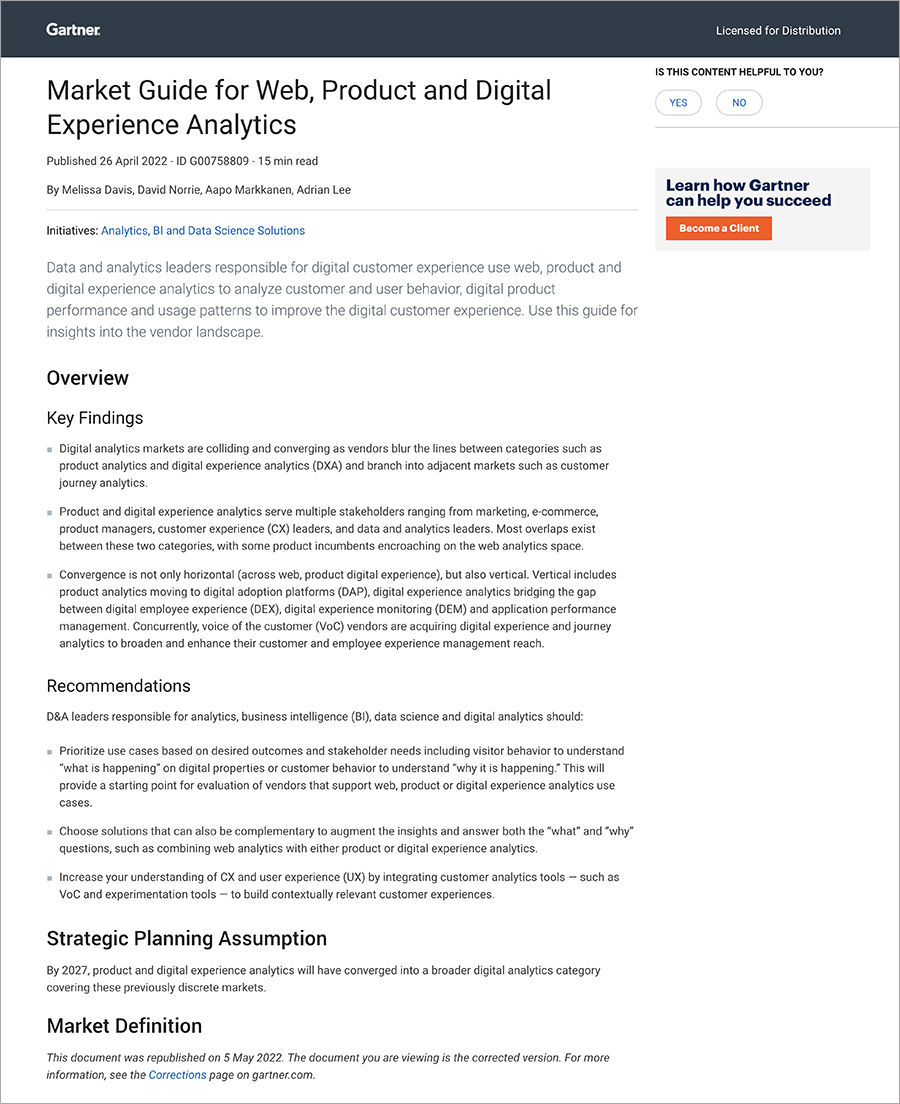 Market Guide for Web, Product and Digital Experience Analytics: A Gartner® Report