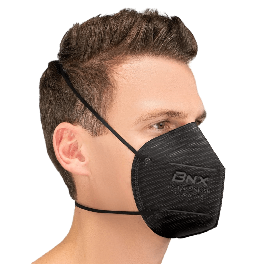 Black BNX H95B Flat-Fold N95 Respirator Mask Right Side View With Model