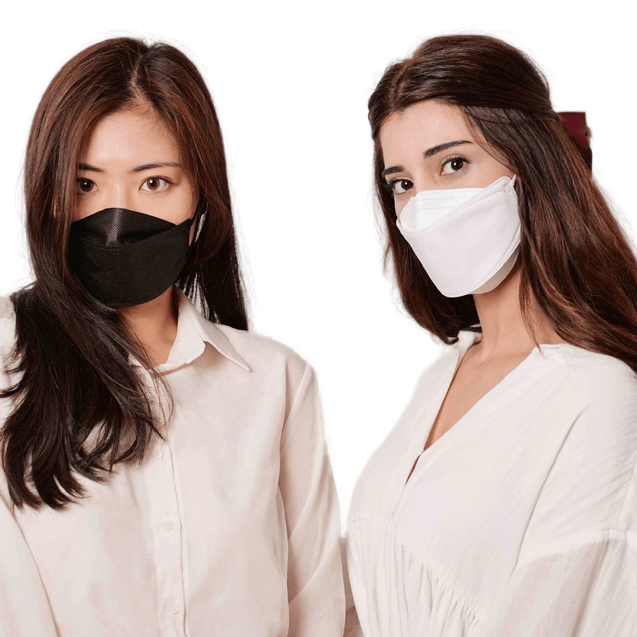 Happylife Goodday KF94 Masks Black and White Front and Front 3Q View Models