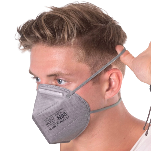 Gray Aidway LUVMED 51-9502G Flat-Fold N95 Respirator Mask Left 3Q View Model Pulling Head Strap
