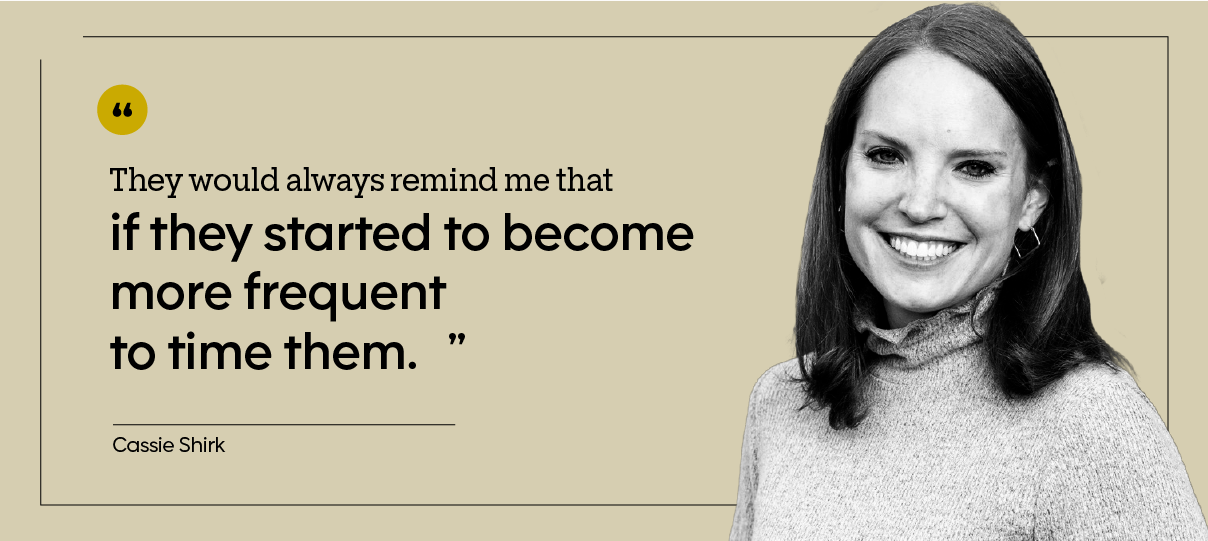 Cassie Shirk is pictured in a maternity portrait, next to the quote “They would always remind me that if they started to become more frequent to time them.” 