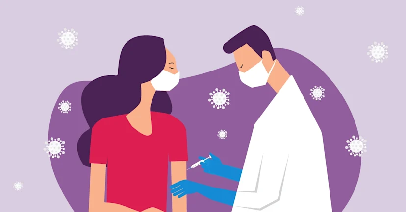 Illustration of a doctor giving a woman a covid-19 vaccine. Both of them have masks on.