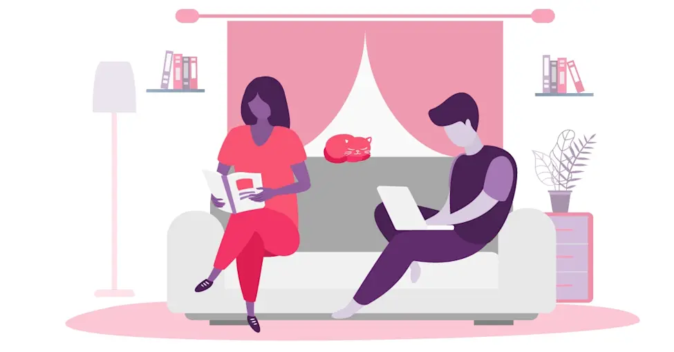 Illustration of a man typing on his laptop and a woman reading a book, and they are both on a couch.