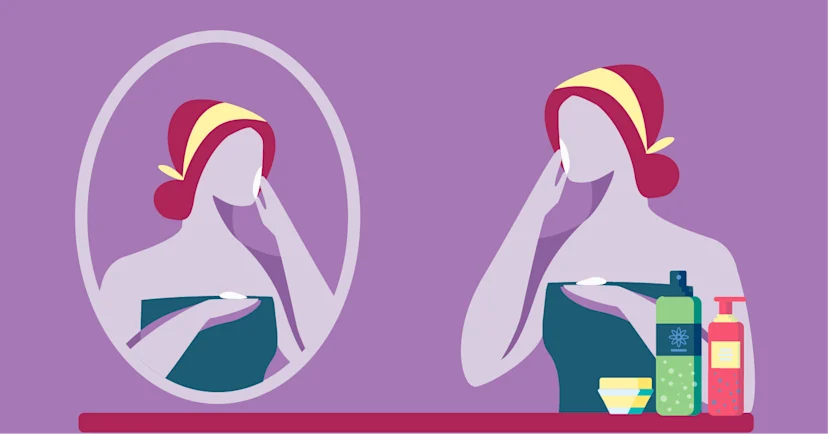 Illustration of a woman applying her skin care products to her face in the mirror