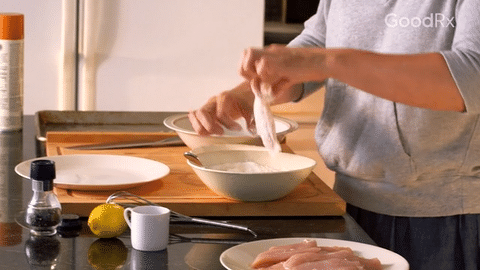Dust the chicken strips first with flour, then dip them into the egg. Lastly dip them into the Panko breadcrumbs, pressing them in to get one even layer.