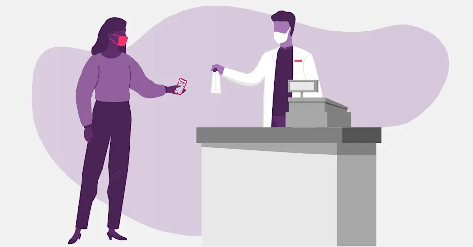 Illustration of a woman getting her prescription medication from her pharmacist during COVID-19.