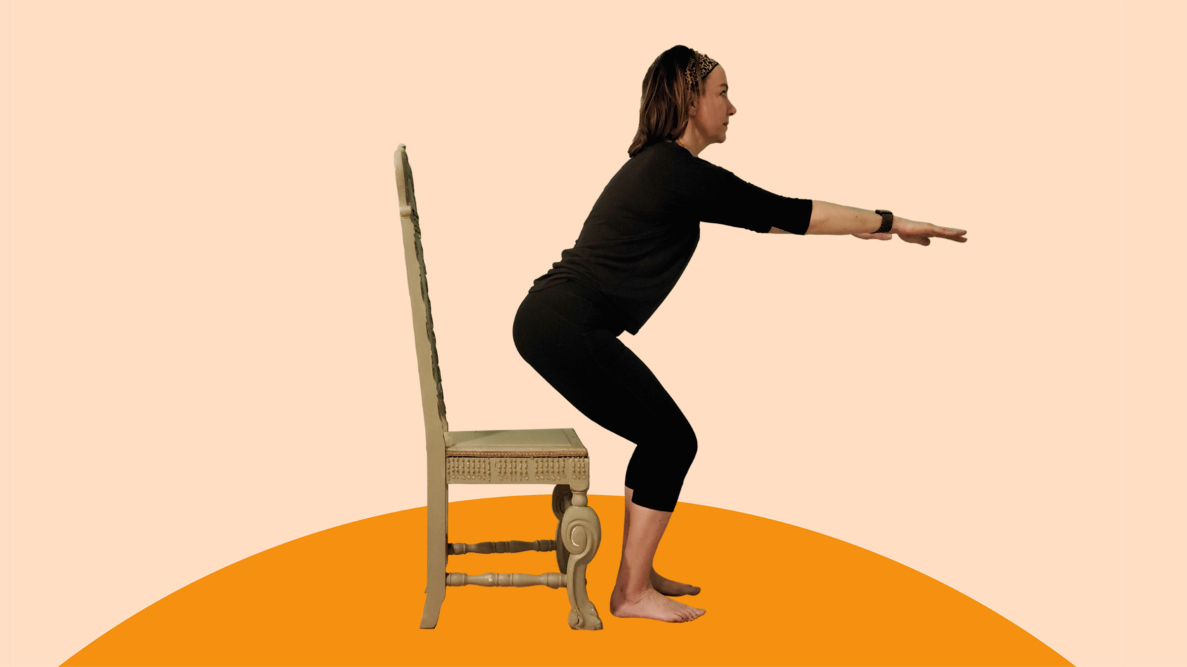 A woman does sit-to-stand exercises.