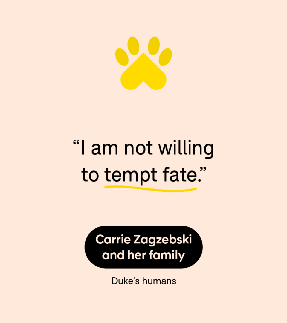 “I am not willing to tempt fate.” — Carrie Zagzebski and her family, Duke’s humans