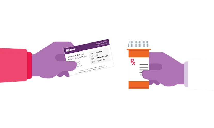 Illustration of two hands. One is holding an RxSaver Prescriptions Savings Card and the other is holding an orange bottle of prescription drugs.