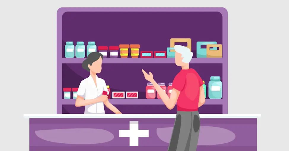 Illustration of a man getting his prescription at the best price from his pharmacist at the pharmacy