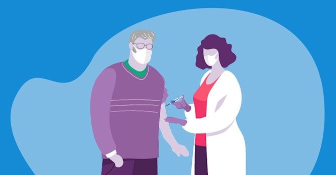 Illustration of a nurse giving a man the COVID-19 vaccination.