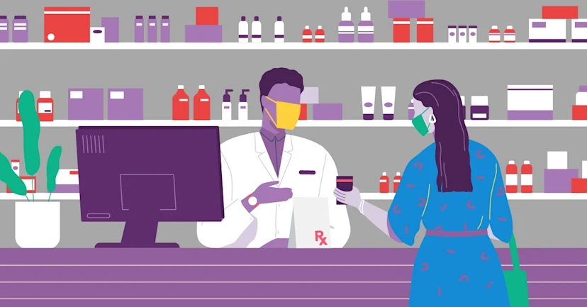 Illustration of a masked patient using an RxSaver coupon on her phone while picking up her medications at the pharmacy.