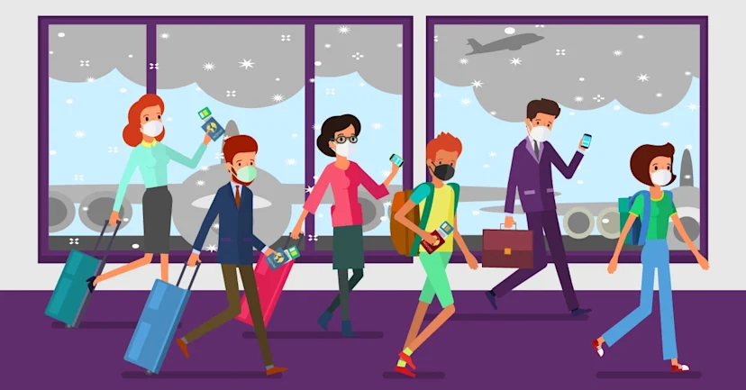 Men and women with masks on pulling their luggage  and traveling safely during COVID-19 and the holidays