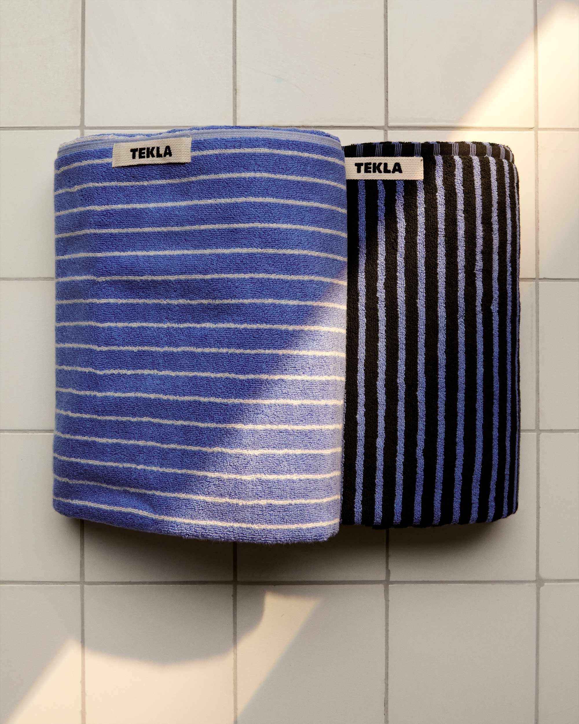 Clear Blue Stripes and Black and Blue towels
