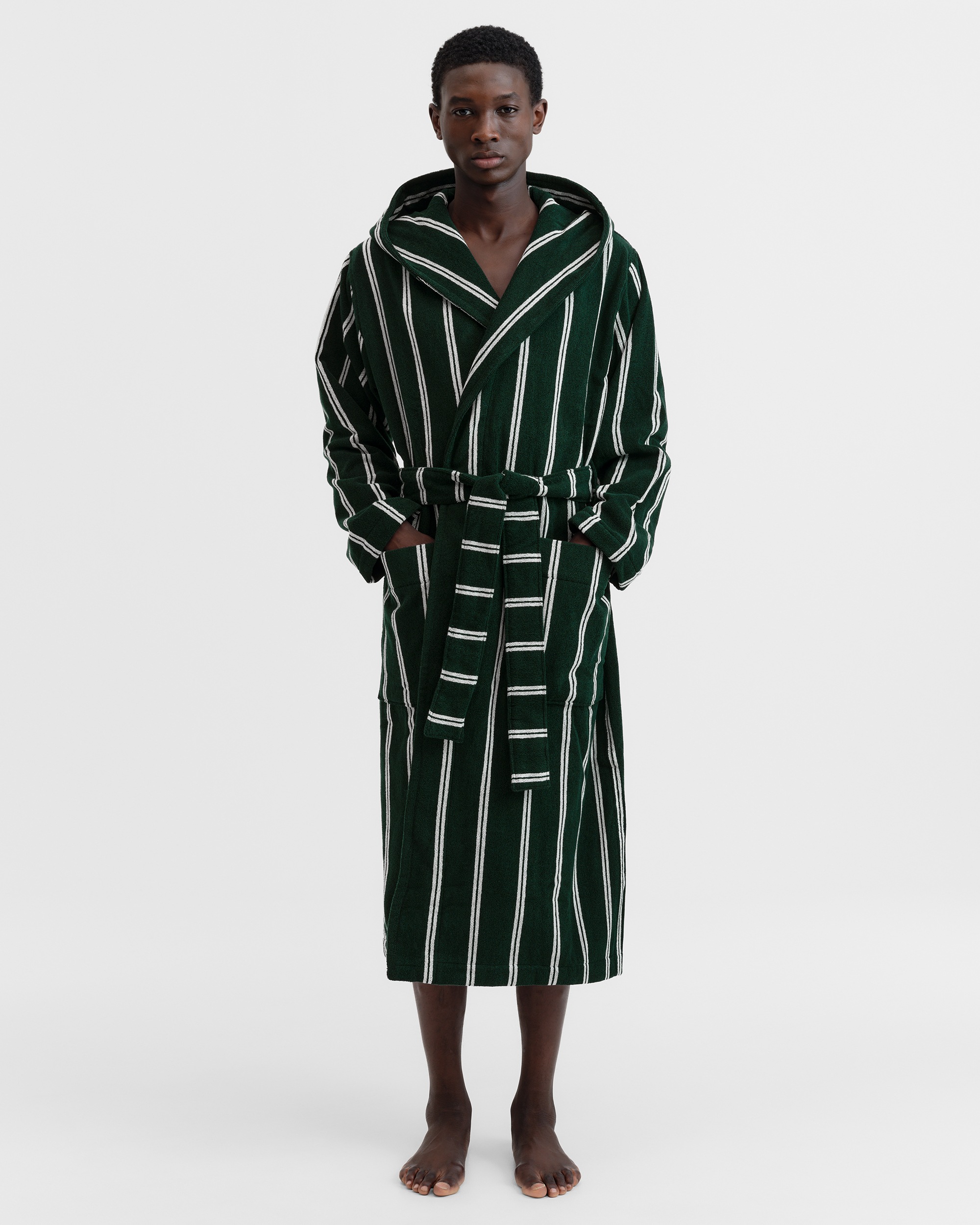 洋書 The Woven Mystery Hooded Bathrobe - Striped - Forest Green Stripes | Tekla Fabrics