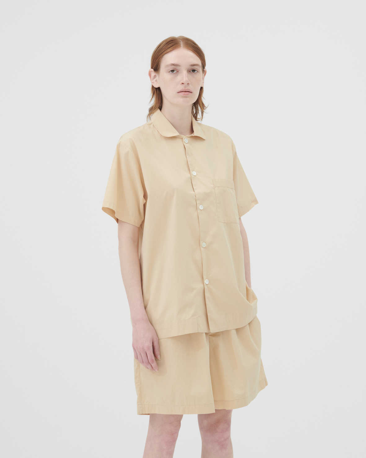 Poplin pyjamas – short-sleeved shirt – Soft Pink | Tekla Fabrics