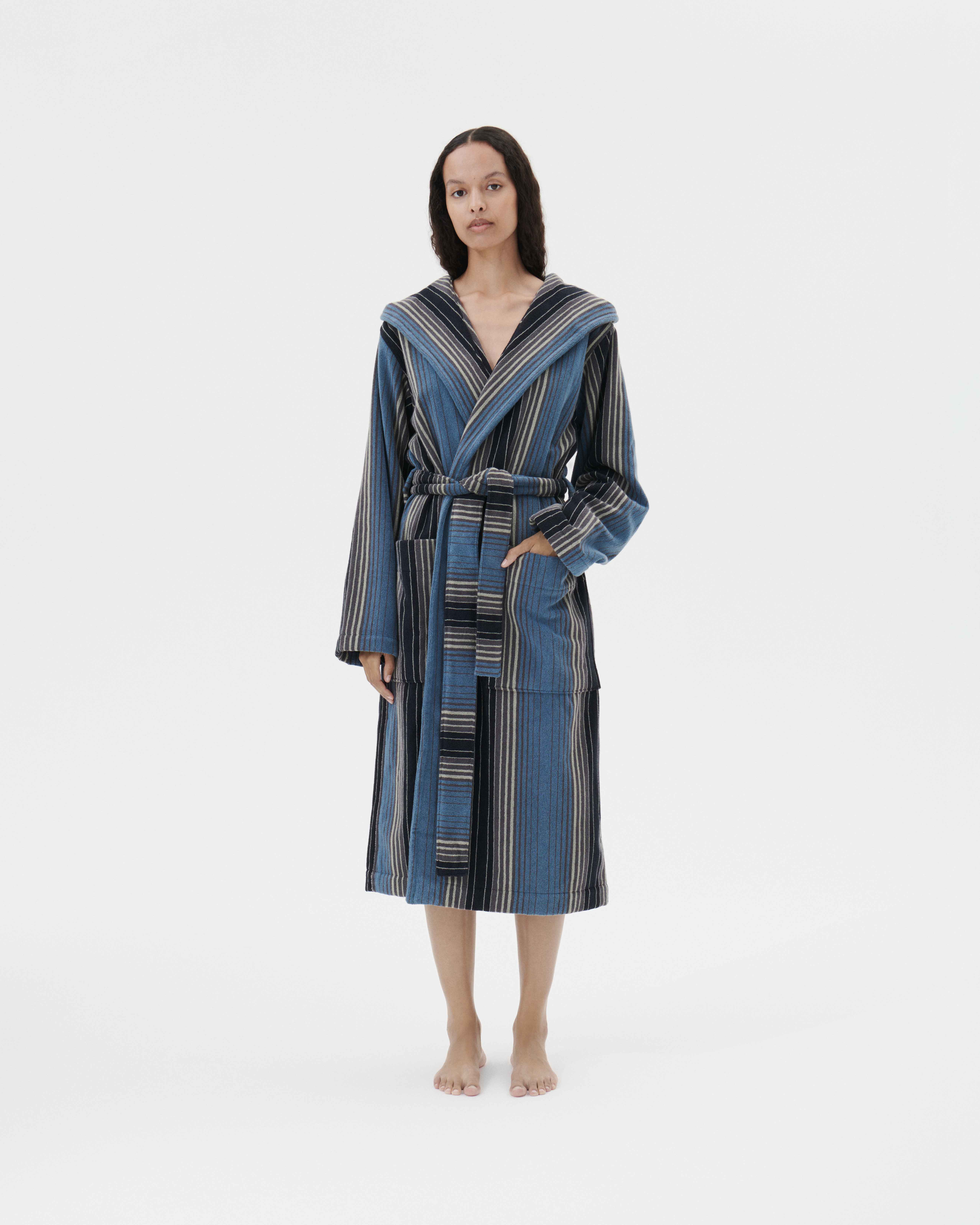 Hooded bathrobe – striped – Multi Stripes | Tekla Fabrics