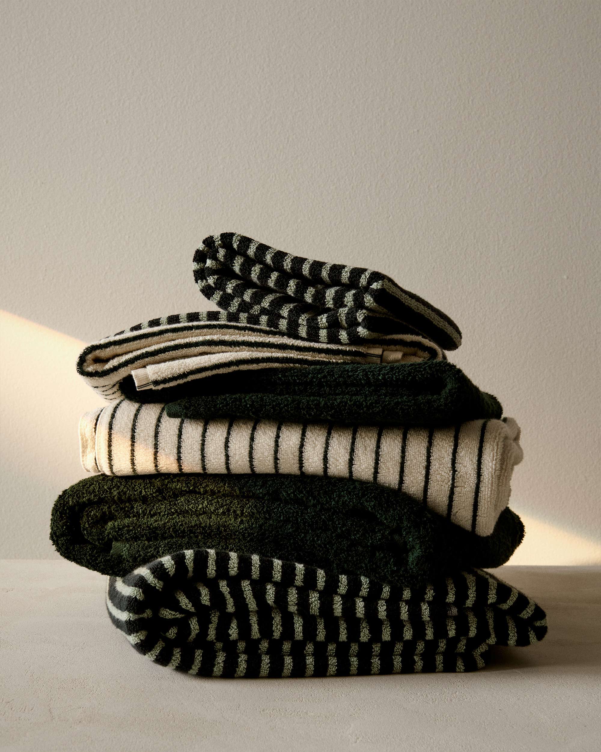 Forest Green, Racing Green Stripes and Black and Mint towels