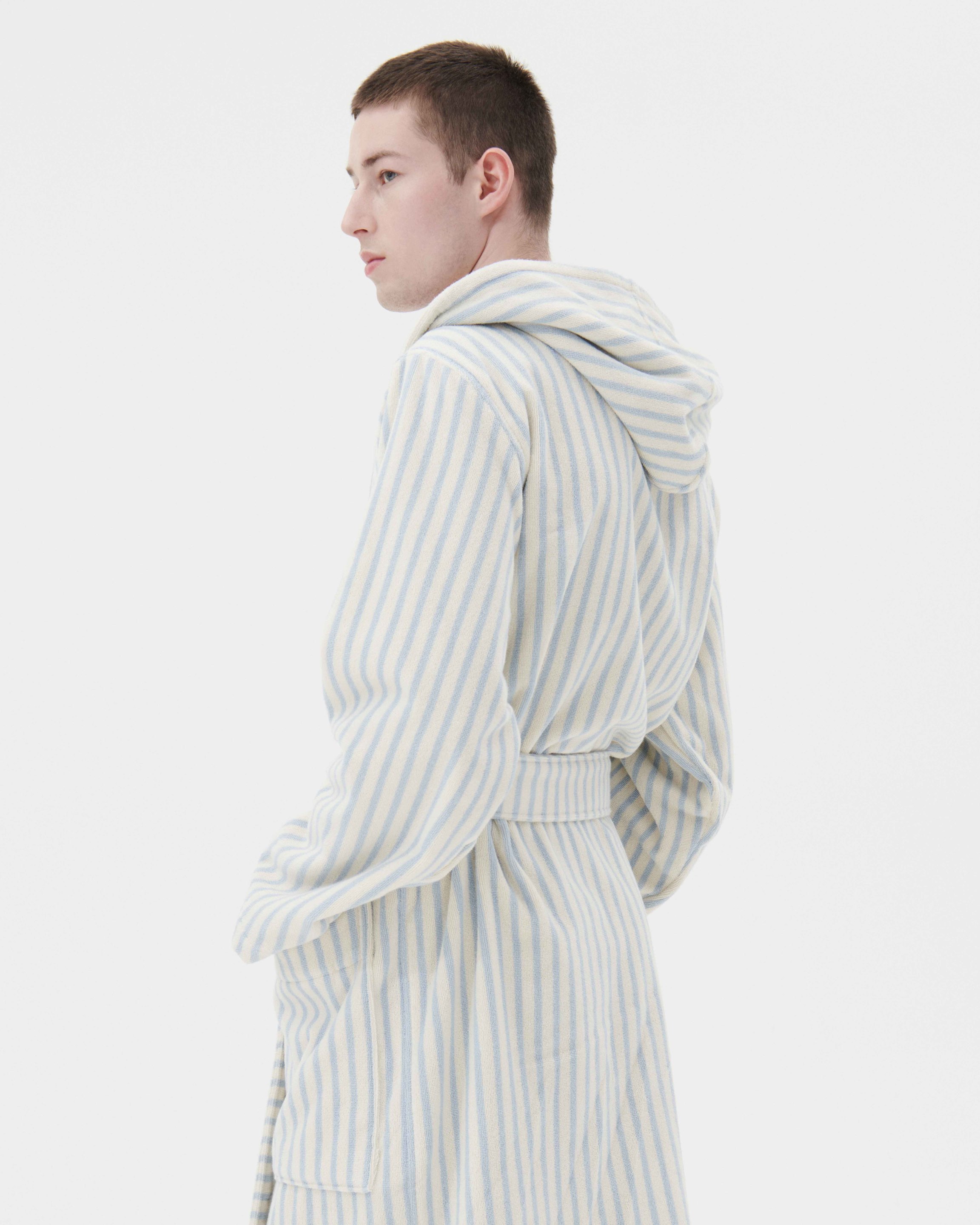 Male - Hooded Bathrobe - Soft Blue Stripes