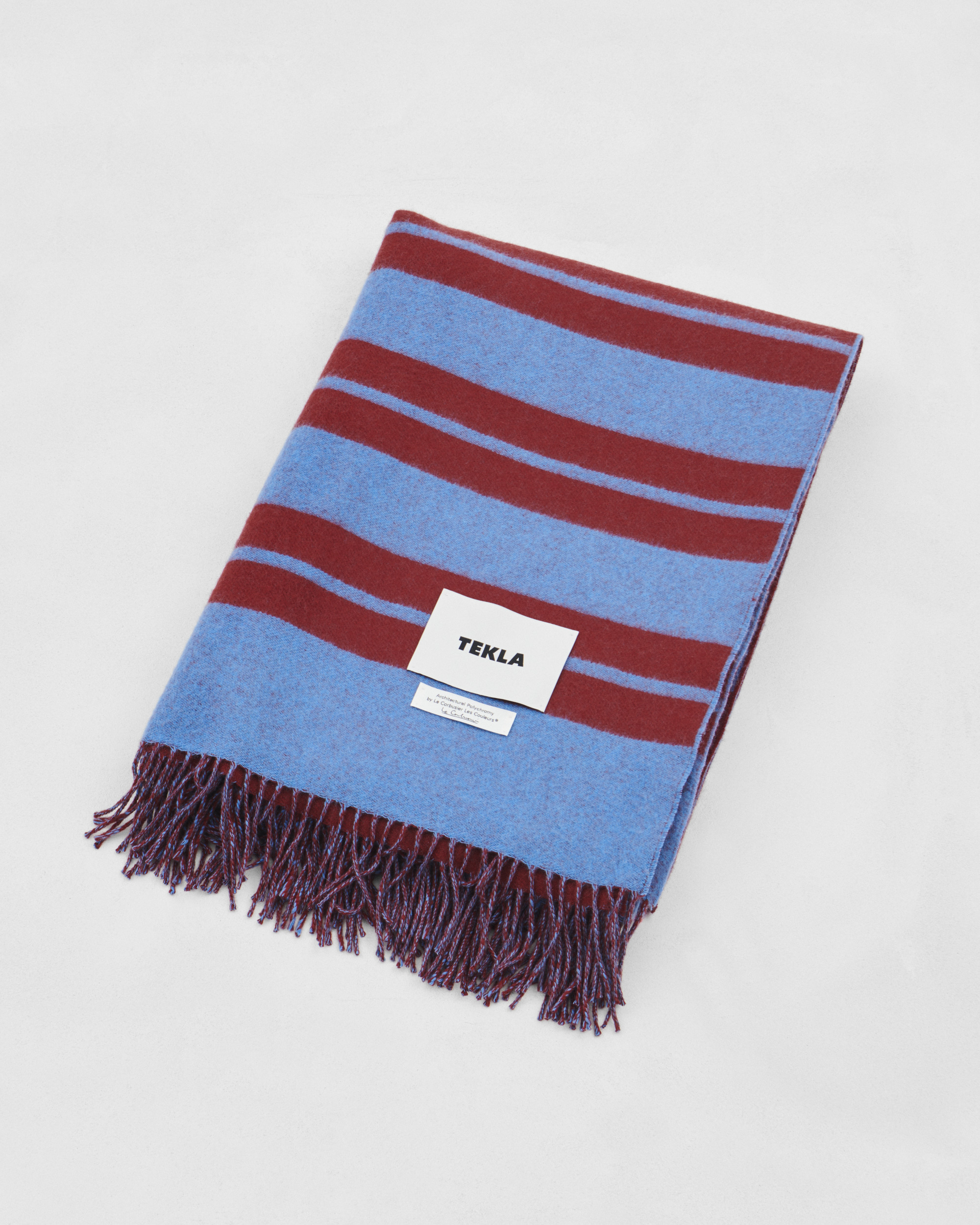 Lambswool blanket – Rubis and Bleu Ceruleen Stripes | Tekla Fabrics