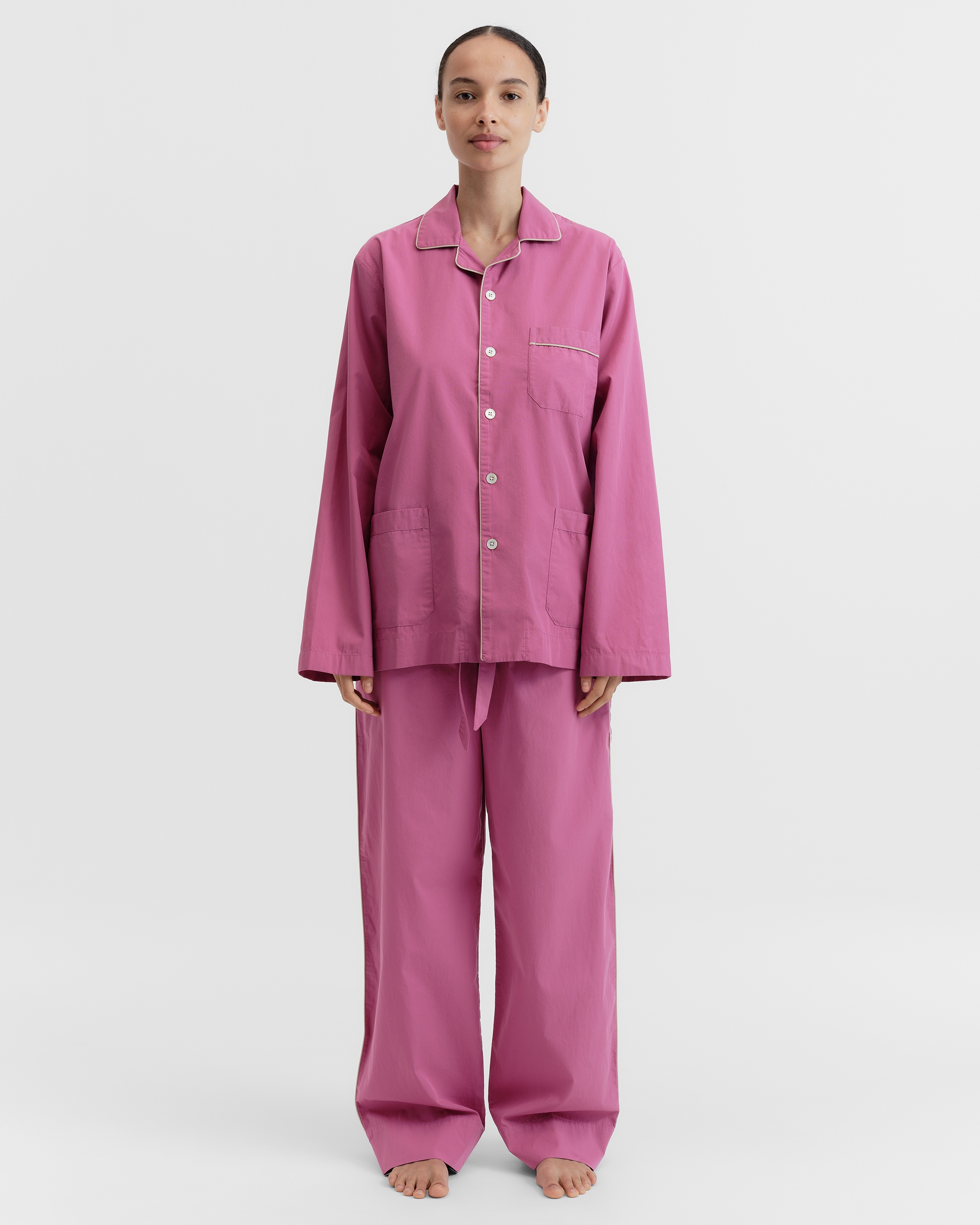 Poplin pyjamas – long-sleeved piped shirt – Purple Pink