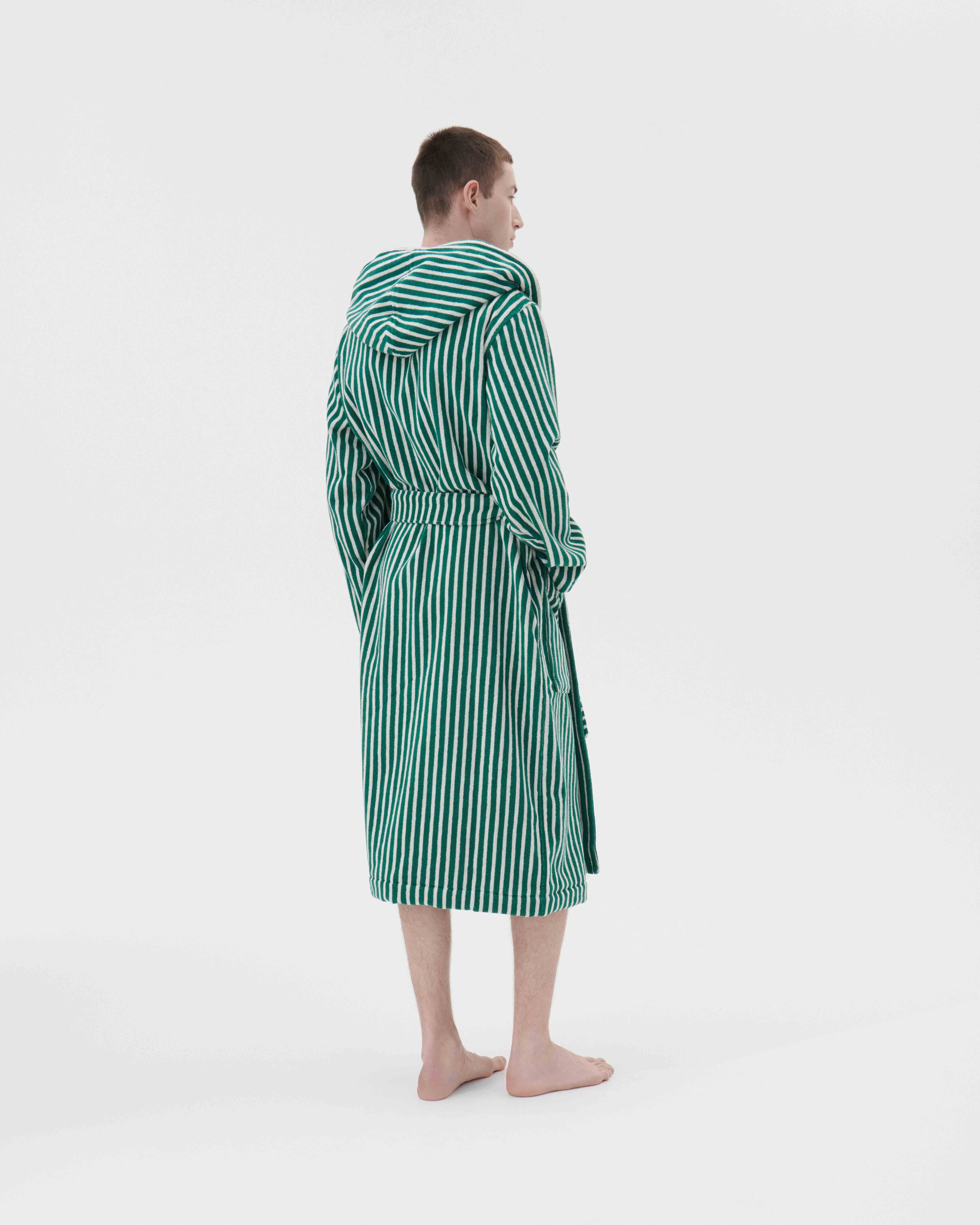 Hooded Bathrobe - Striped - Teal Green Stripes | Tekla Fabrics